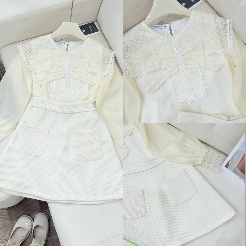 Đầm phối sơ mi tơ chạy ren cổ đức mix chân váy trắng