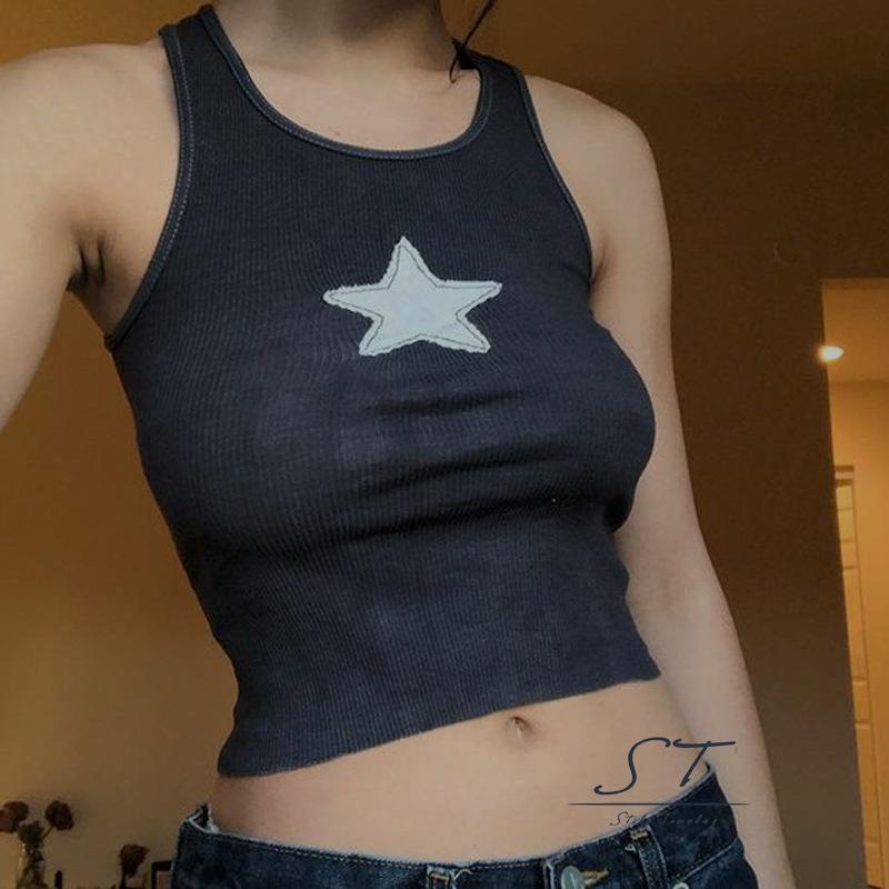 Áo Thun Ba Lỗ CY03 Thêu Ngôi Sao Màu Trắng / Đen / Cà Phê Thời Trang Mùa Hè Cho Nữ