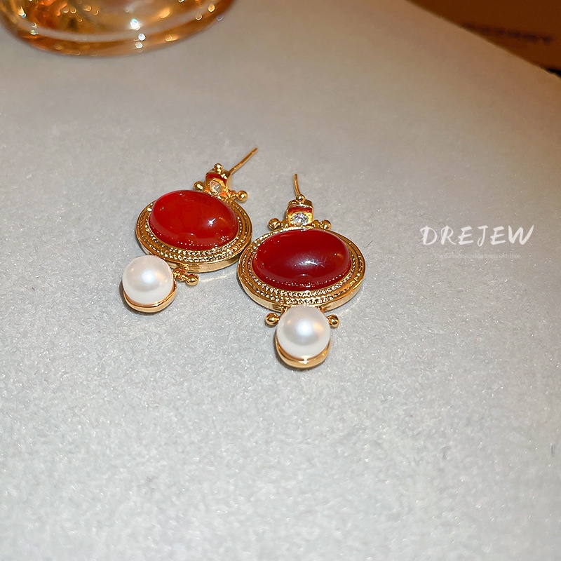 DREJEW Bông Tai Mạ Vàng / Bạc Hình Oval Đính Ngọc Trai Thời Trang Cao Cấp Phong Cách Cổ Điển Cho Nữ 1