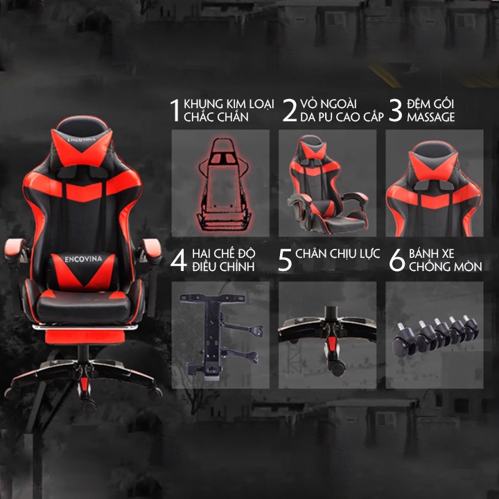 Ghế gaming Encovina có gác chân, bộ nâng thủy lực glass 4, ngả 135 độ