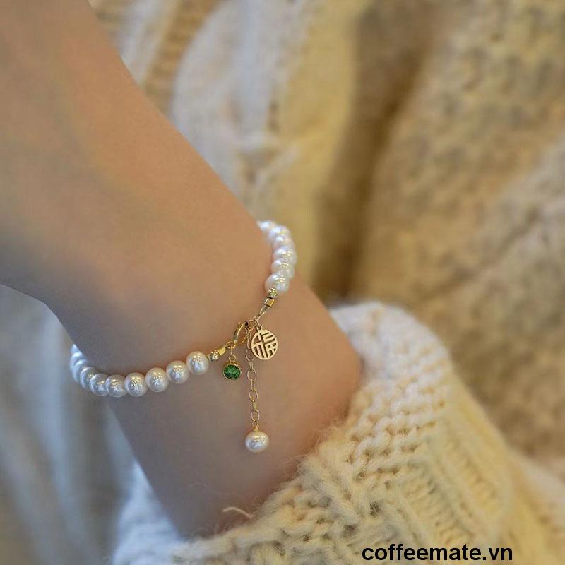 【coffeemate】⚡Vòng tay đính hạt ngọc trai may mắn, lắc chuỗi đeo tay phong cách Trung Hoa cho nữ