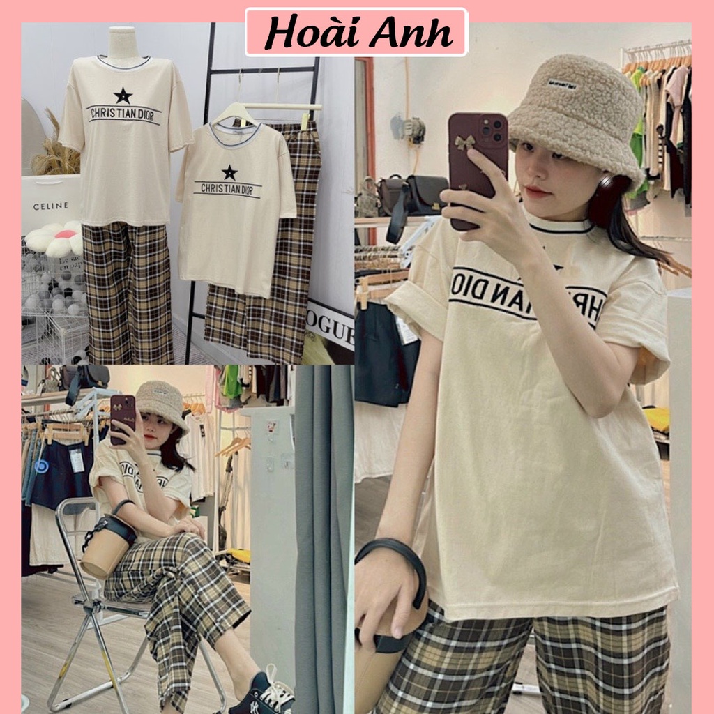 Set Bộ Đồ Nữ Áo Phông Thêu Đáp Nổi Christiandior Cổ Bo Dệt Mix Quần Suông Kẻ Freesize