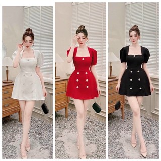 ĐẦM DỰ TIỆC CỔ VUÔNG TAY XẾP LY ĐÍNH NÚT GEM H DRESS