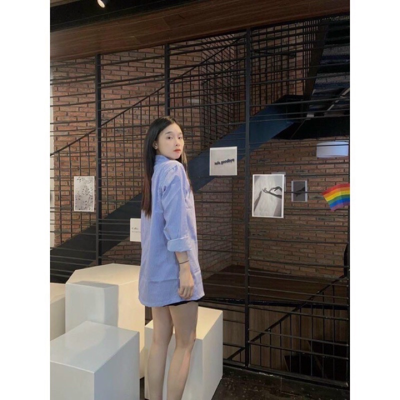 [LOẠI 1] Áo Sơ Mi Nữ Kẻ Sọc Thêu Mặt Cười Xanh Dương Phong Cách Hàn Quốc Tay Dài Dáng Rộng Unisex Hottrend 2023