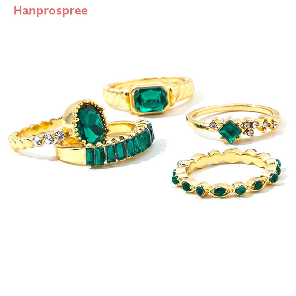 Set 5 Nhẫn Đính Đá Pha Lê Xanh Phong Cách Vintage Cho Nữ