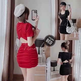 đầm body tay ngắn nhúm hở tam giác lưng xinh