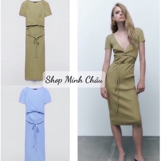 Váy midi thun tăm cổ V ngực chéo Zarrraa canh sale