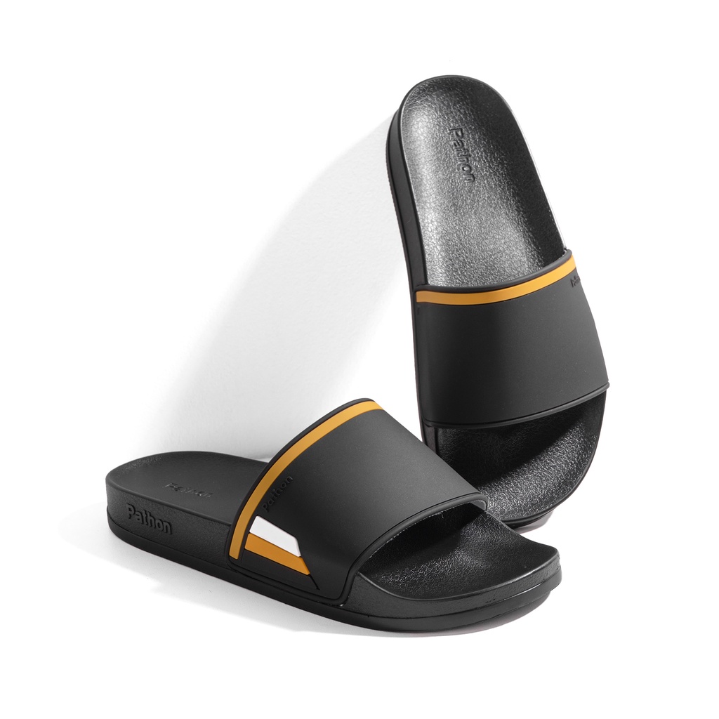 Dép nam nữ quai ngang slipper Pathon quai PVC và đế PU đen quai đen phối kẻ vàng trắng SD118