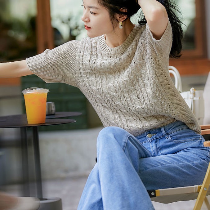 Áo Sweater Dệt Kim Tay Ngắn Cổ Tròn Thời Trang Cho Nữ 2023