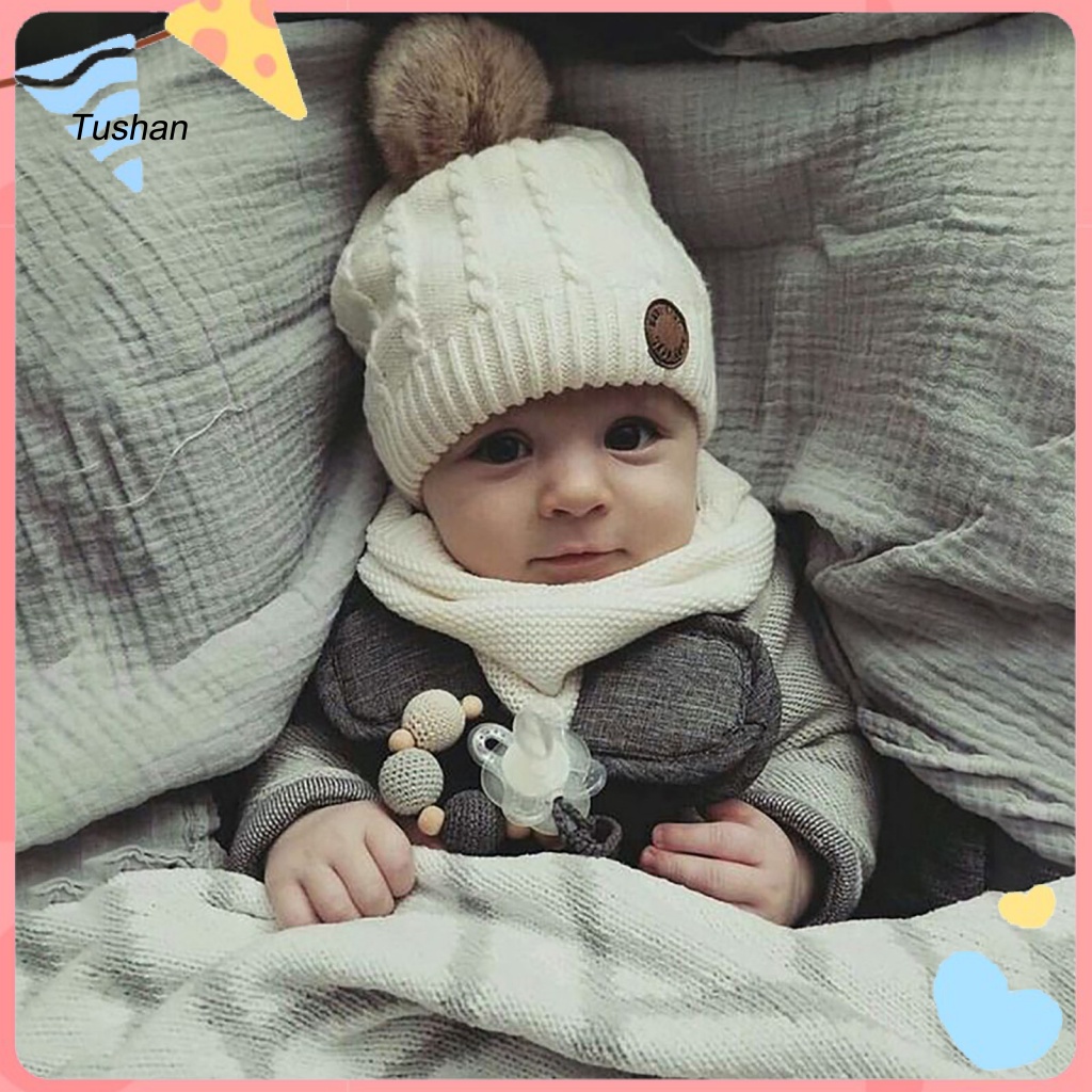 Bộ 2 Món Nón Dệt Kim + Khăn Choàng Cổ + Bóng Lông Màu Trơn Giữ Ấm Co Giãn Tốt Chống Gió Cho Bé