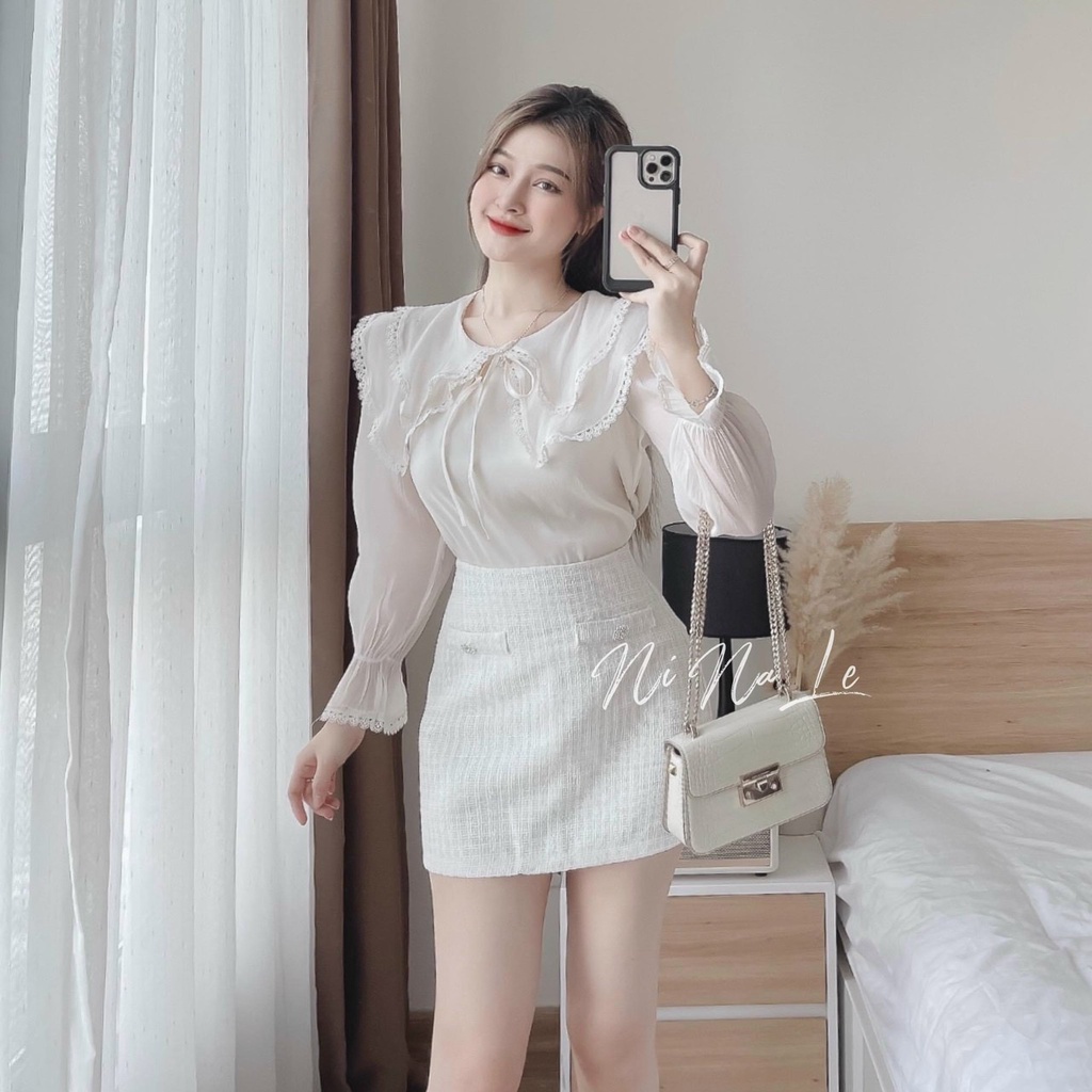 Set Áo Chân Váy EVANIA Set Áo Sơ Mi Chân Váy Dạ Phối Áo Voan Hai Lớp Cổ Bèo Thắt Nơ Hai Màu Trắng, Hồng - Mã V86