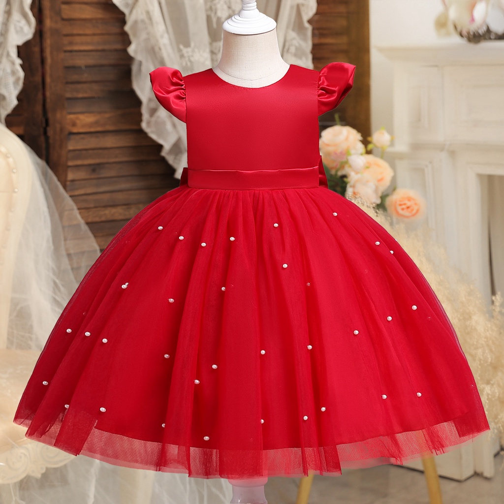 Đầm công chúa NNJXD màu trơn phối lưới đính nơ xinh xắn dành cho bé gái 1-5 tuổi