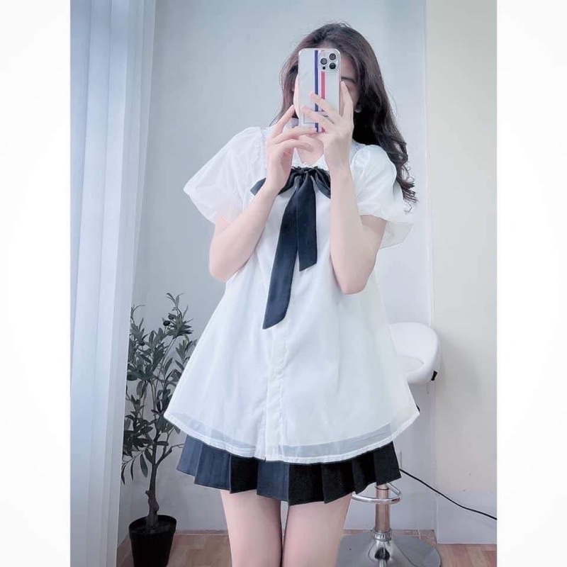 áo sơ mi nữ trắng ngắn tay bồng nơ đen cổ von 2 lớp Tc