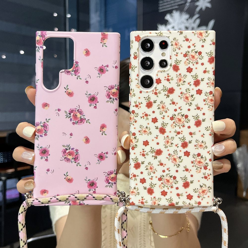 Ốp Lưng Silicon Mềm Có Dây Đeo In Họa Tiết Hoa Thời Trang Cho Samsung Galaxy S23 Ultra S23 Plus