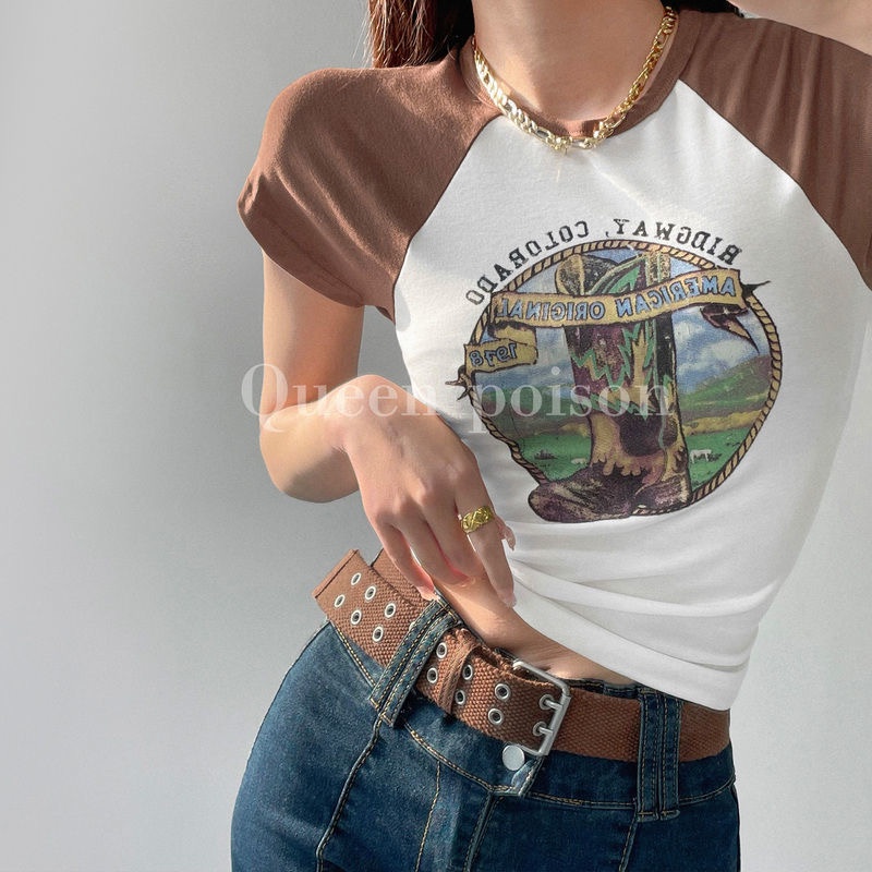 Áo thun MMIOT in họa tiết huy hiệu vui nhộn phong cách Mỹ cổ điển đường phố gợi cảm mùa hè dành cho nữ