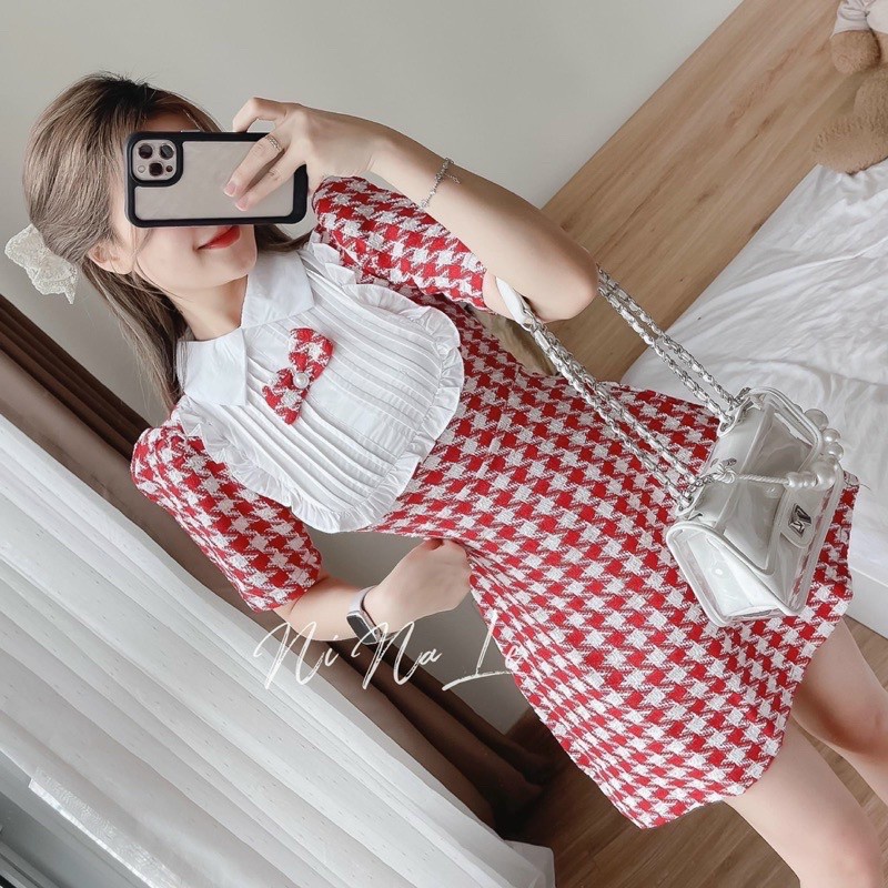 Đầm Dáng Xòe Caro Vải kaki Cao Cấp Siu Hot