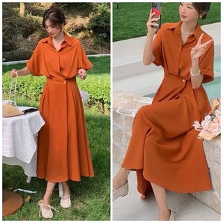 Đầm sơ mi cam nút eo, váy công sở, váy dạo phố xuongvnxk vnxk (kèm hình thật)