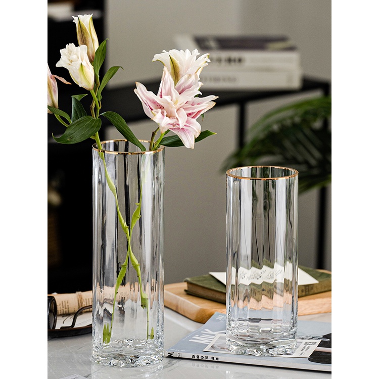 Bình hoa thủy tinh trụ viền vàng decor phòng ngủ và trang trí phòng khách cao cấp
