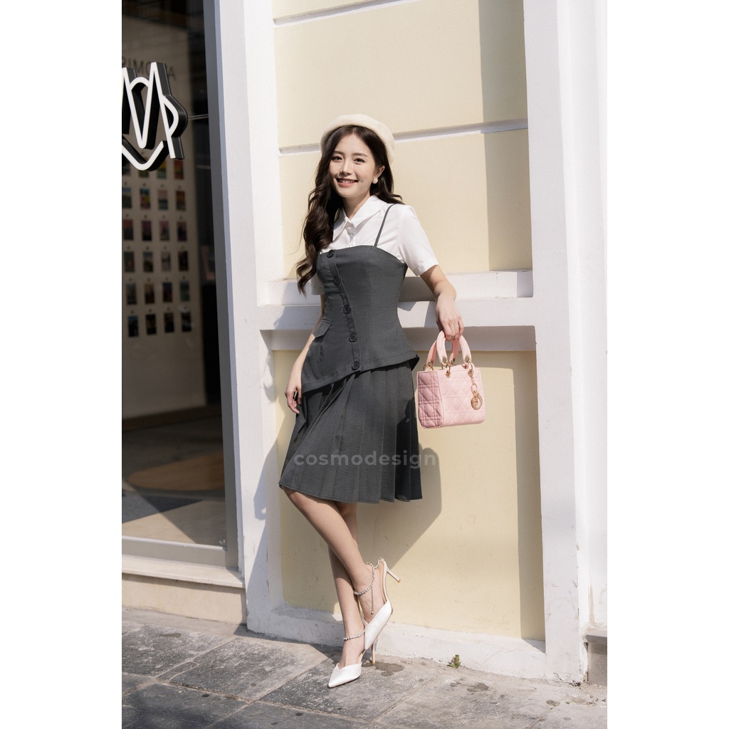 The highway - Váy Xoè Ghi Tàn Phối Trắng Vạt Chéo ,Xếp Ly Chân