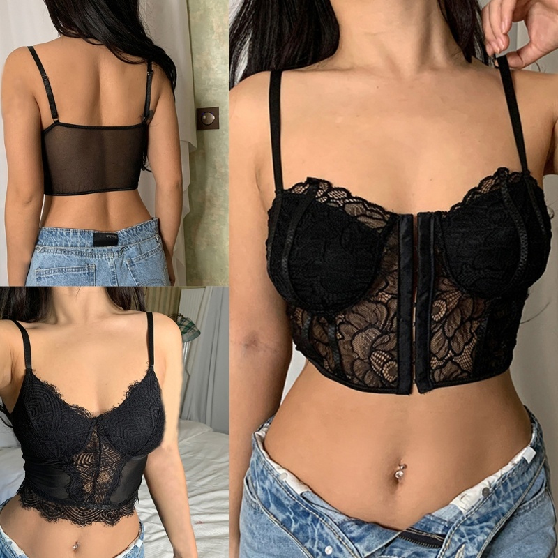 Áo Croptop Sát Nách Cổ Chữ V Phối Ren Hoa Quyến Rũ Cho Nữ