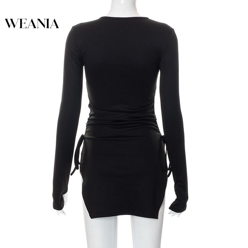 Đầm Dài Tay Màu Trơn Phối Dây Rút Xẻ Tà Cao Gợi Cảm Cho Nữ