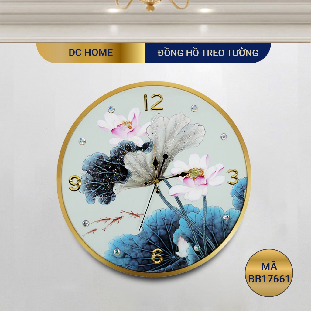 Đồng hồ treo tường họa tiết hoa sen đính đá sang trọng- Đồng hồ trang trí phòng khách size 40x40 mã BB17661