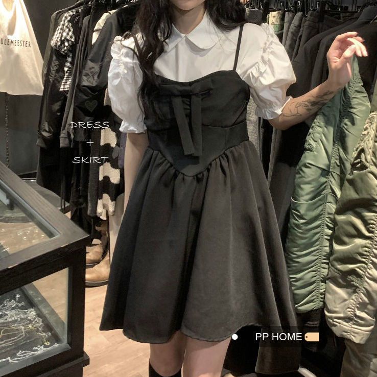 Set Áo Sơ Mi Trắng Tay Phồng + Đầm Chiết Eo Đính Nơ Thời Trang Dành Cho Nữ