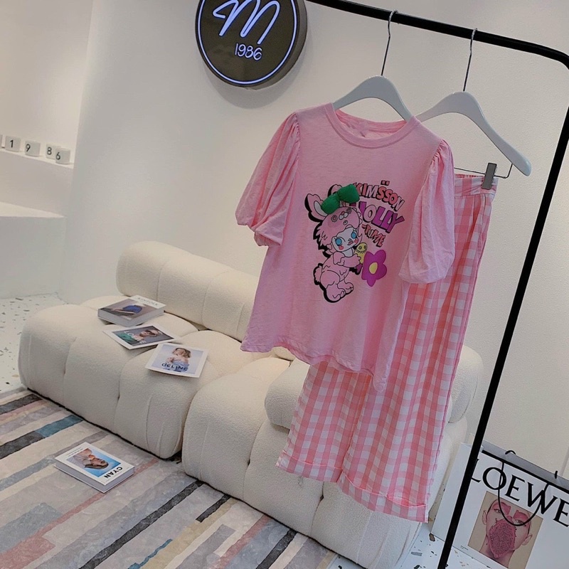 💕💕SET BỘ ÁO HỒNG TAY BÍ PHỐI QUẦN CARO MÀU CƯNG XỈU 💕
