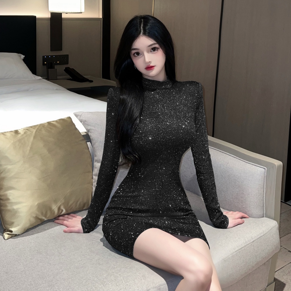 18YX1200 European and American 2023 sexy hot girls backless diamond chain slim long-sleeved sheath dress 4MCB