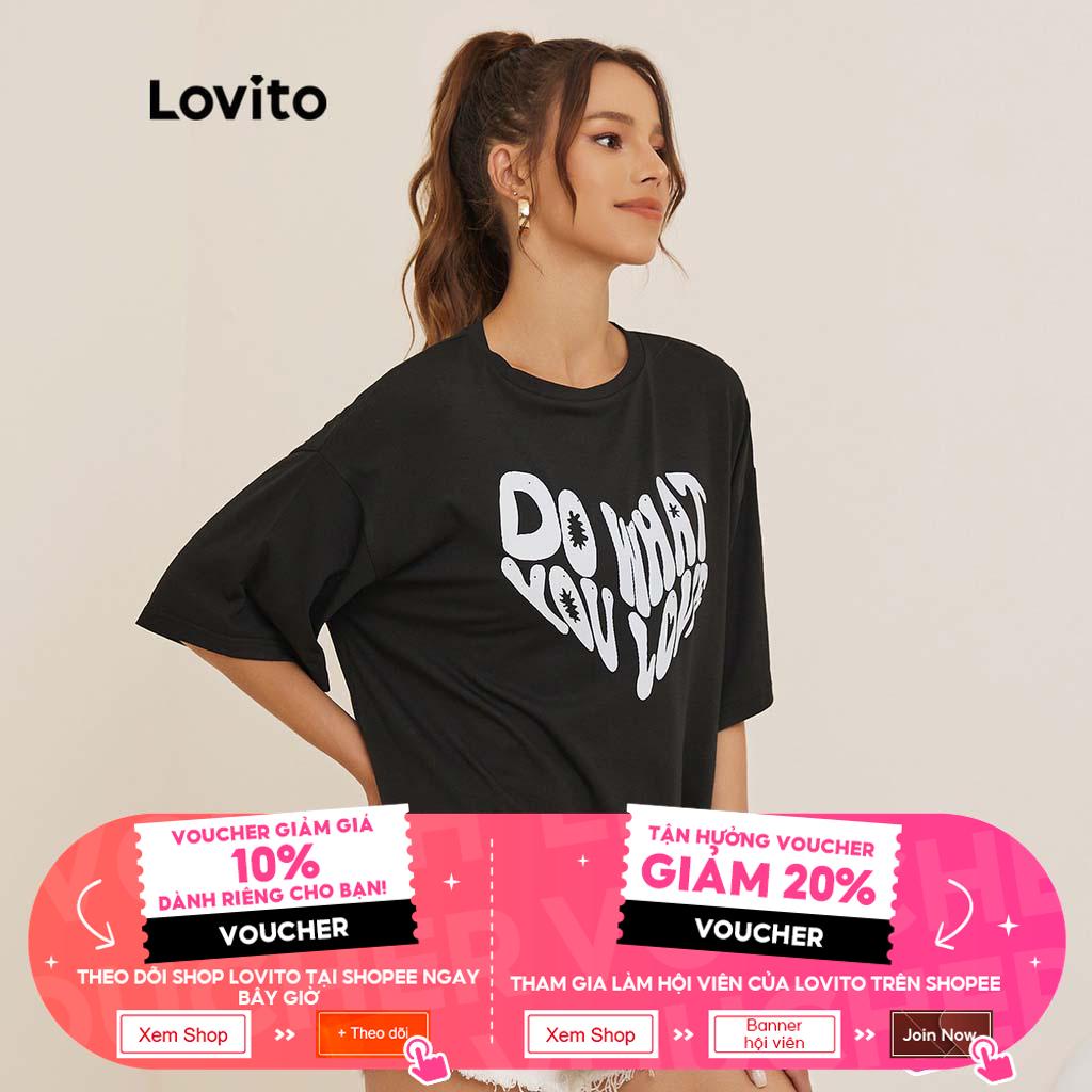 Áo thun Lovito thời trang họa tiết in đồ họa chữ cái giản đơn L19D171 (đen)