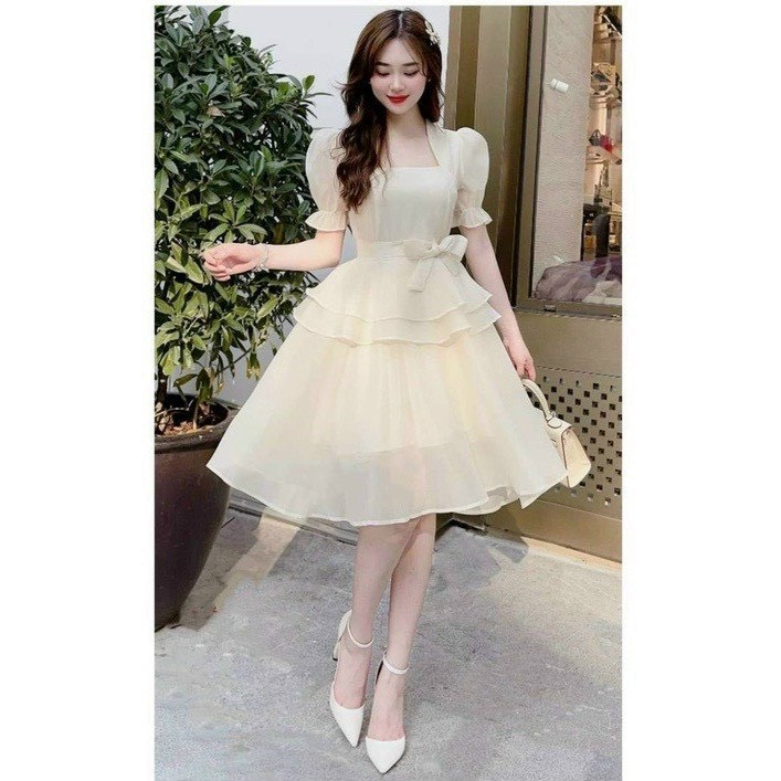 Đầm voan chifon tay ngắn phồng dáng mini xòe có cột nơ bánh bèo dễ thương