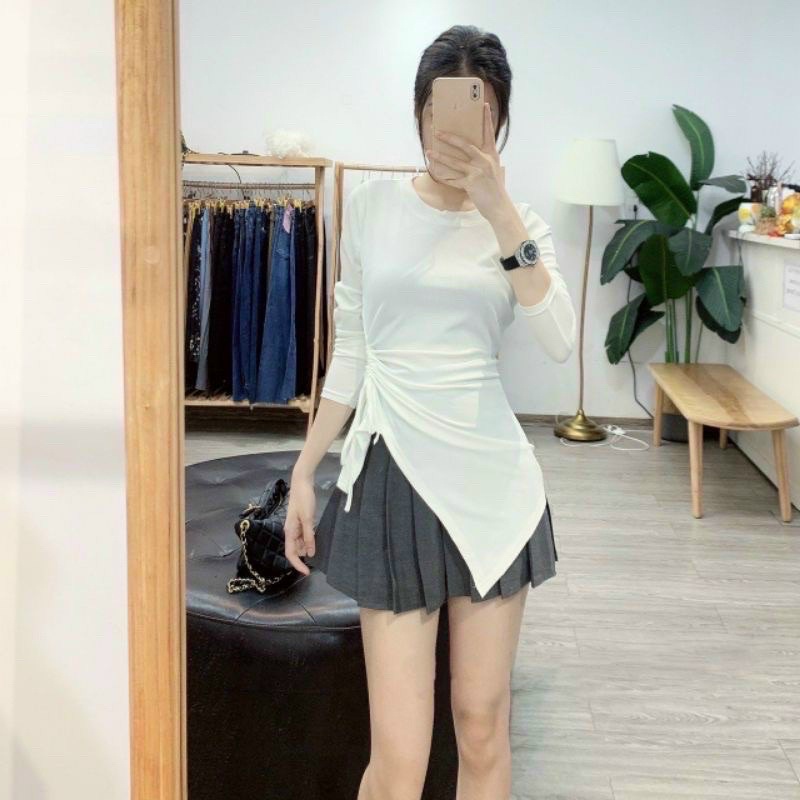 Áo thun body tay dài vạt bầu nhọn rút eo Áo thun kiểu tay dài tà xéo nhọn rút dây 1 bên đẹp lạ