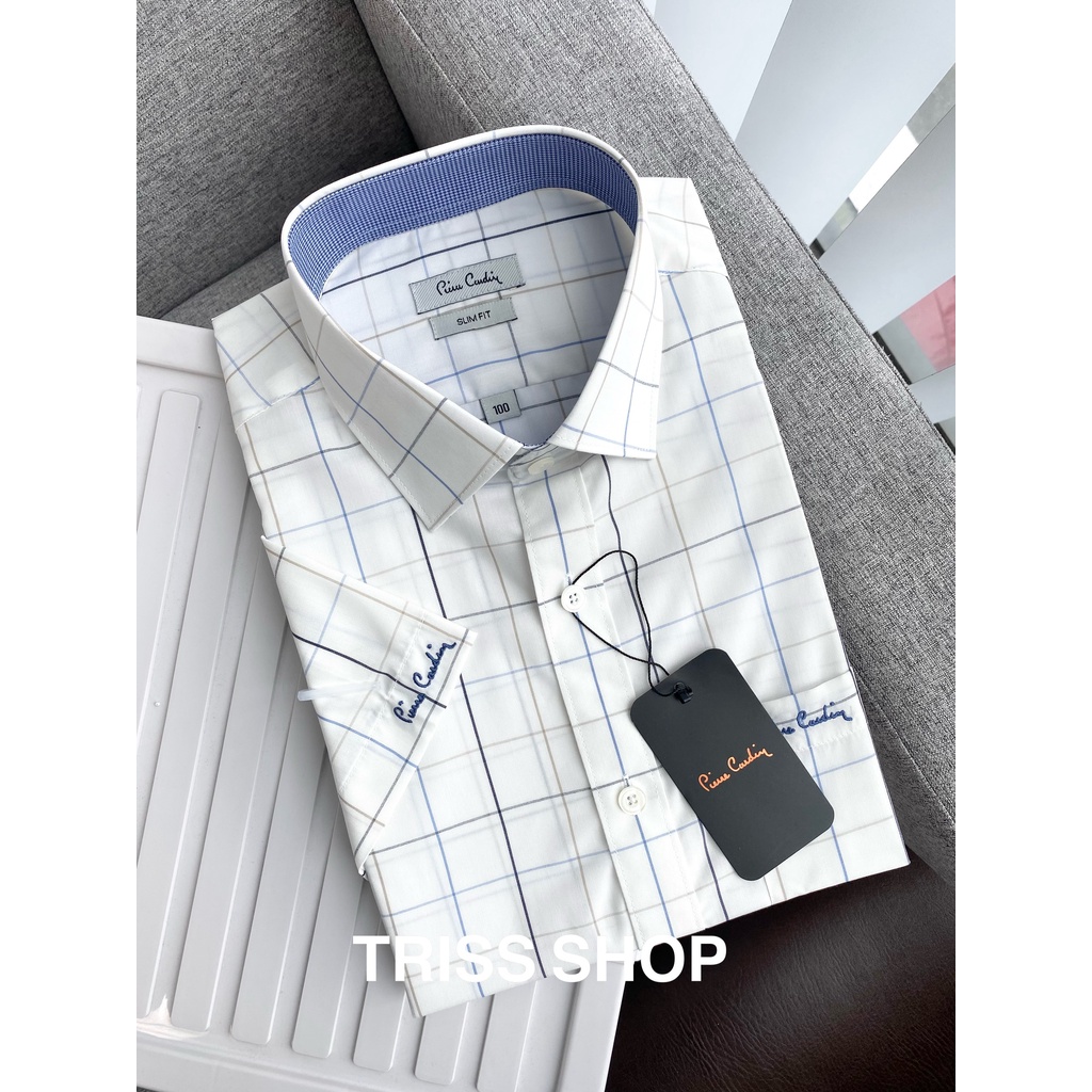 Áo sơ mi nam tay ngắn họa tiết caro cao cấp Pierre Cardin 13 xuất Hàn chất cotton không nhăn form slim