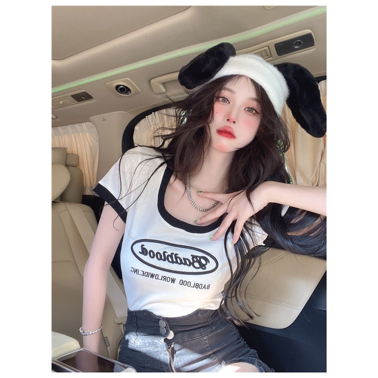 Áo Thun Ngắn Tay Cổ Chữ U Ôm Dáng Thời Trang Mùa Hè Hàn Quốc Hàng Mới Dành Cho Bạn Nữ