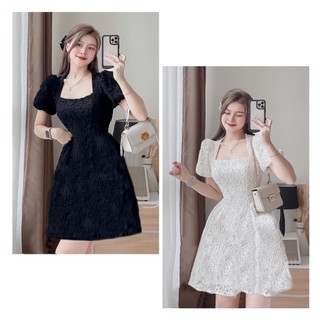 Đầm ren hoa nổi cổ vuông tay ngắn Rossy Fashion - SR200