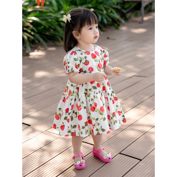 Váy Bé Gái CARROT Dáng Xòe, Có Tay, Màu Qủa Đỏ, Chất Thô Cotton Thoáng Mát Thấm Hút Mồ Hôi