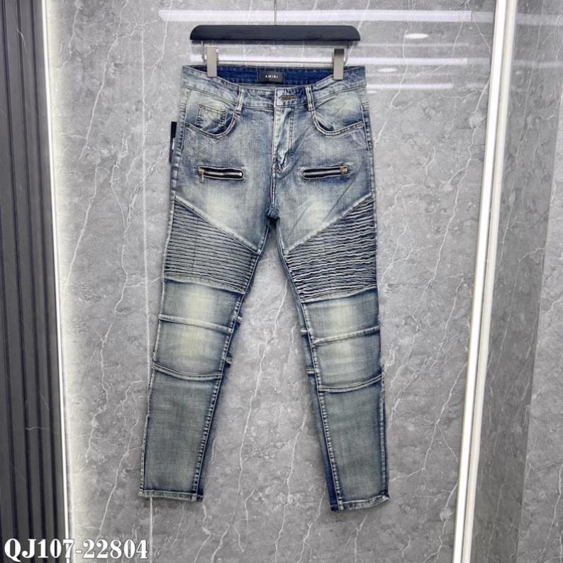 Quần Jean Xanh Nam Phối Đùi Vải Nhăn Khoá Zip