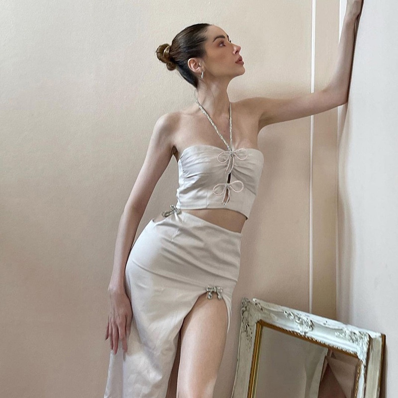 DUNEA Áo Hai Dây Hở Lưng Đính Nơ Lấp Lánh Phong Cách Quyến Rũ