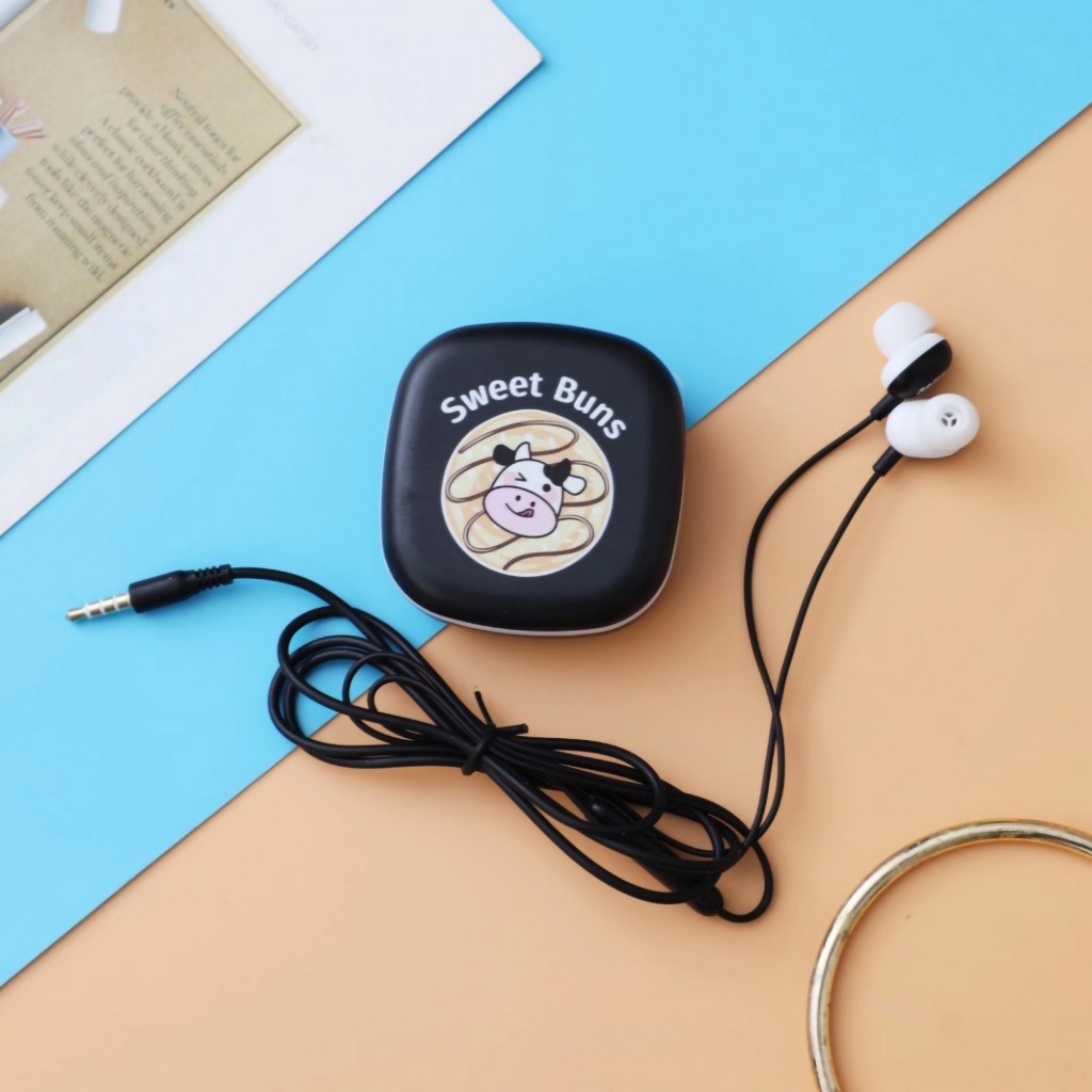 Tai nghe nhét tai LENOVO có dây giắc cắm 3.5mm giảm tiếng ồn có hộp đựng họa tiết bò sữa hoạt hình đáng yêu
