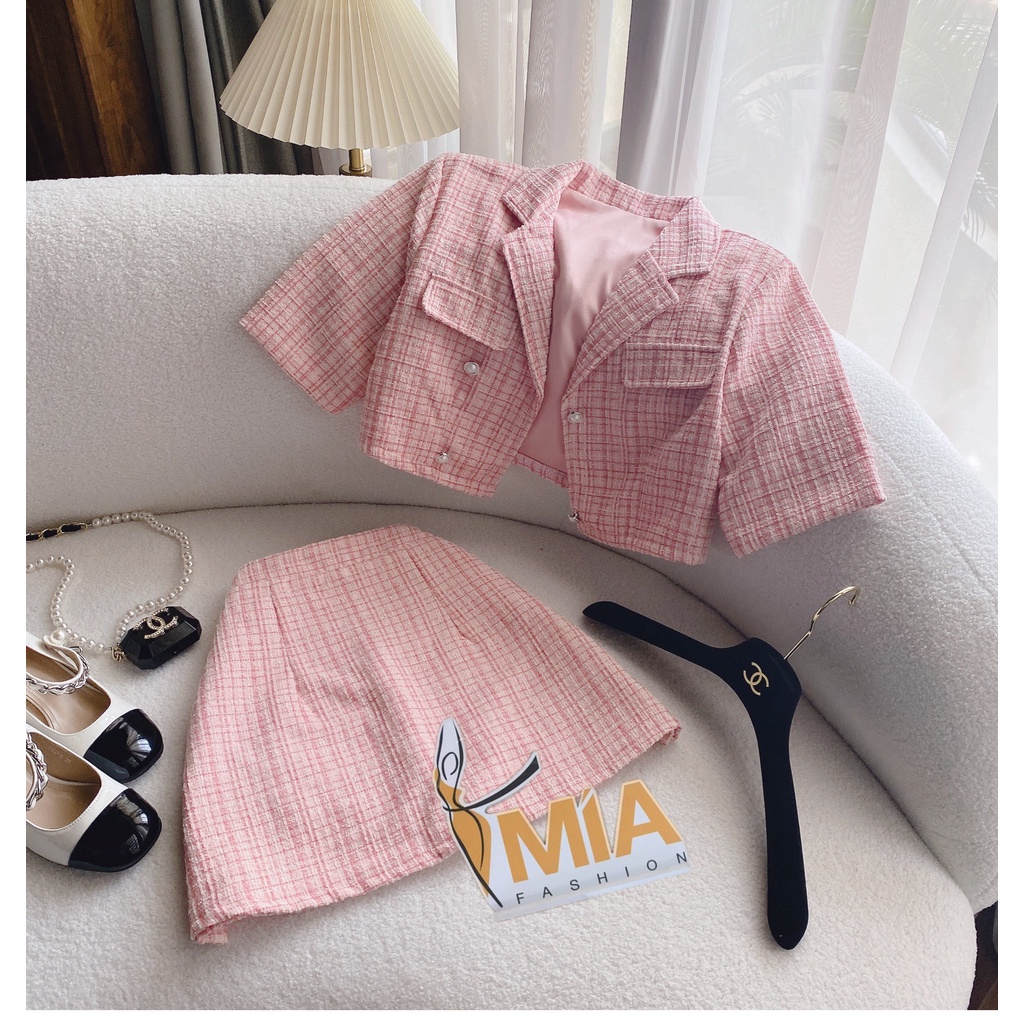 SET ÁO CROPTOP DẠ CỔ VEST + CHÂN VÁY CÙNG MÀU