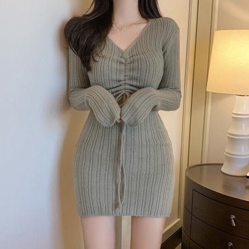Đầm Dệt Kim Tay Dài Màu Sắc Đơn Giản Phối Dây Rút Thời Trang Cho Nữ