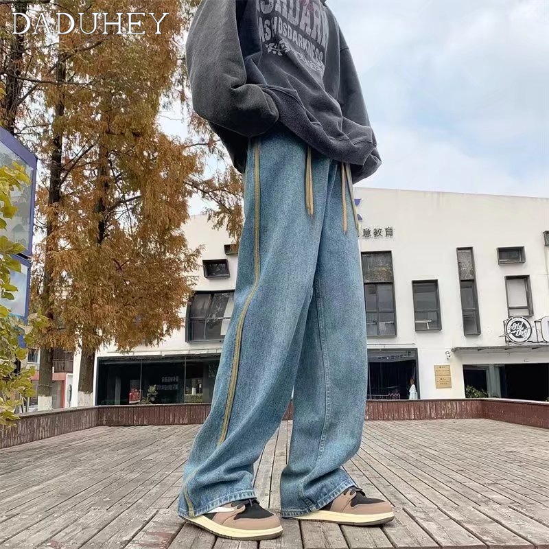 DaDuHey Men's 2023 New High Street Washed Jeans Ins American Style Loose Straight All-Matching Casual Pants