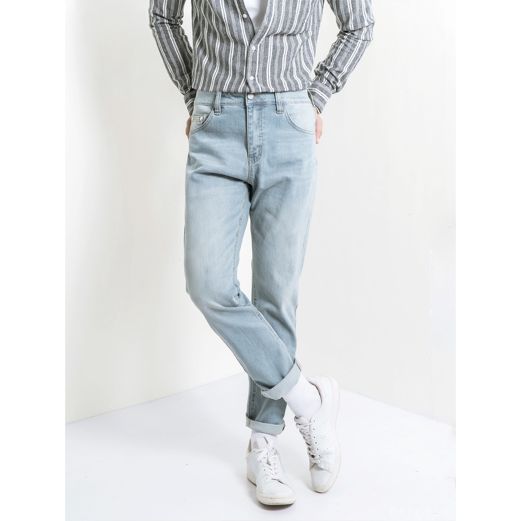 Quần Jeans trơn Xanh Nhạt nam form slimfit trơn CEFFYLO chất Jean thun co giãn nhẹ