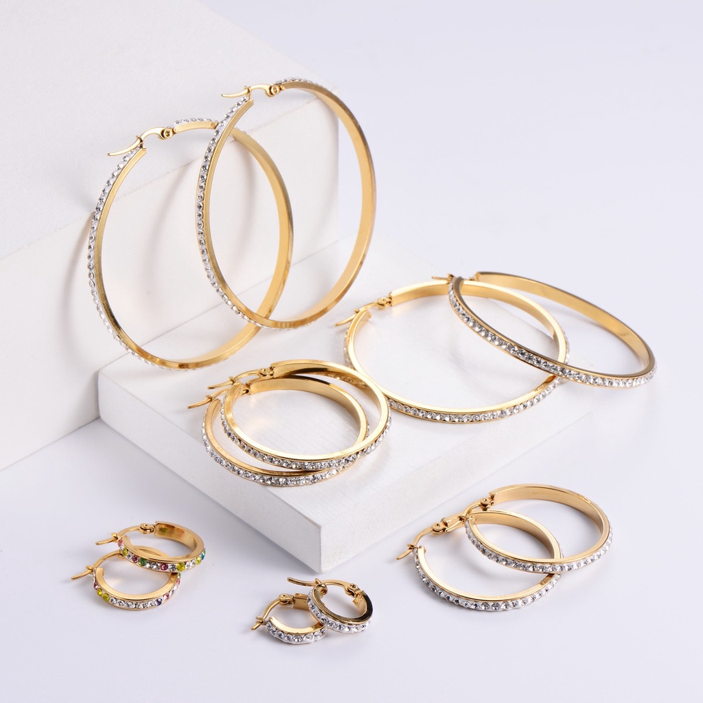 HUGGIES Khuyên Tai Tròn Mạ Vàng 18K Phong Cách Hip Hop Cổ Điển Kích Thước 20 / 30 / 40 / 50 / 60MM Bằng Thép Không Gỉ 2023 Mới