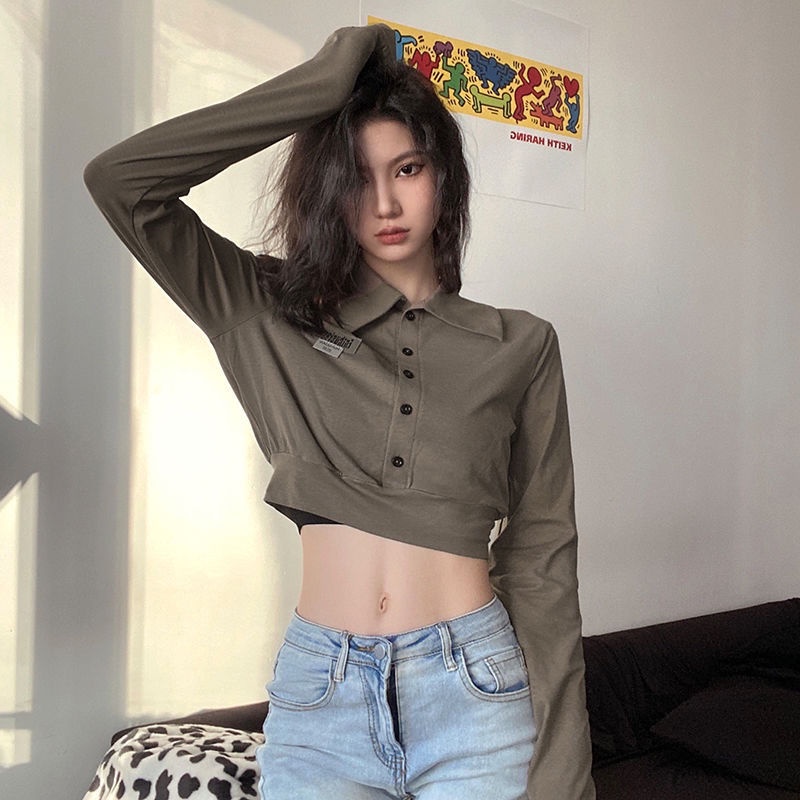 Áo kiểu COZOKC cổ polo dáng ngắn phong cách cổ điển cá tính