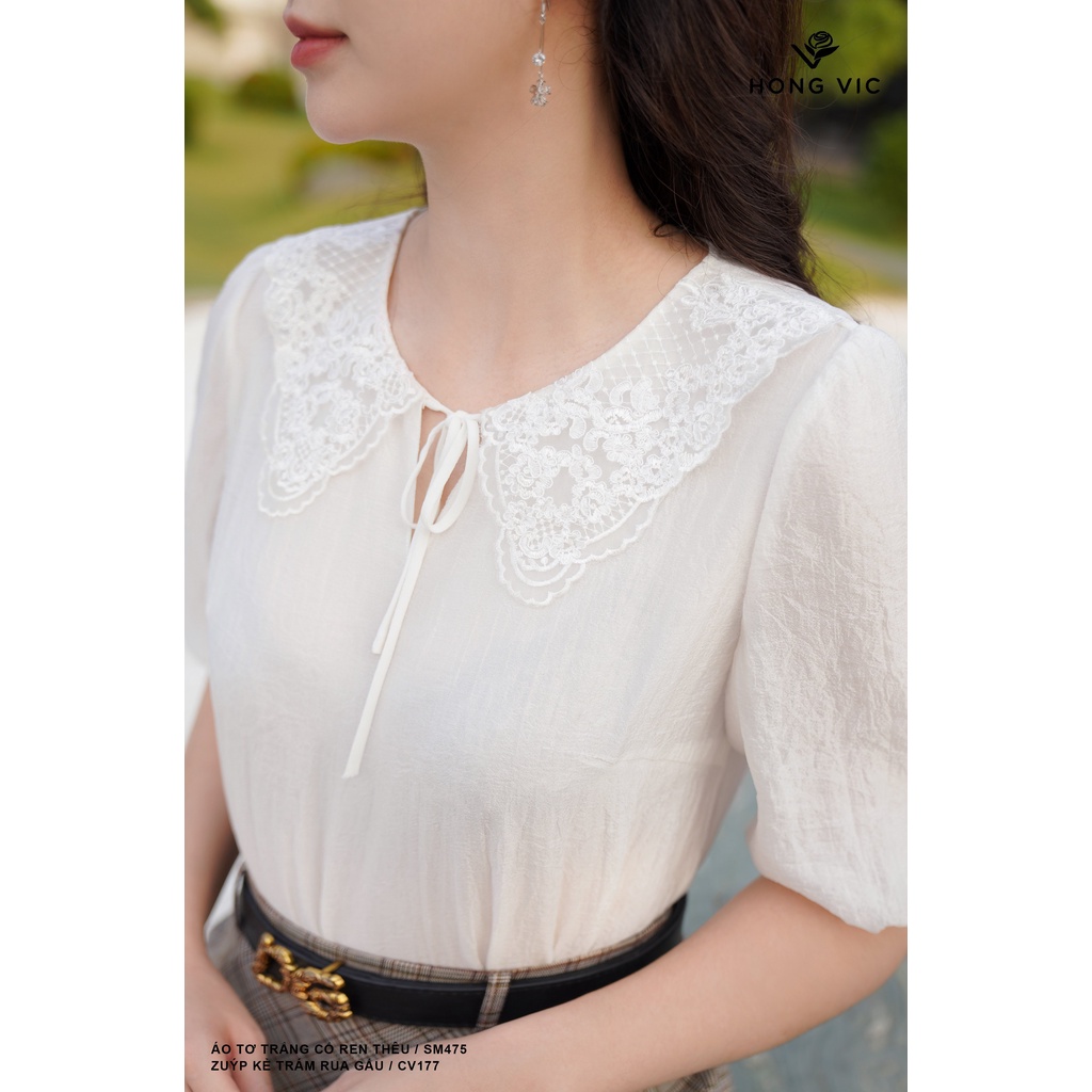 Áo tơ trắng nữ thiết kế Hong Vic cổ ren thêu SM475
