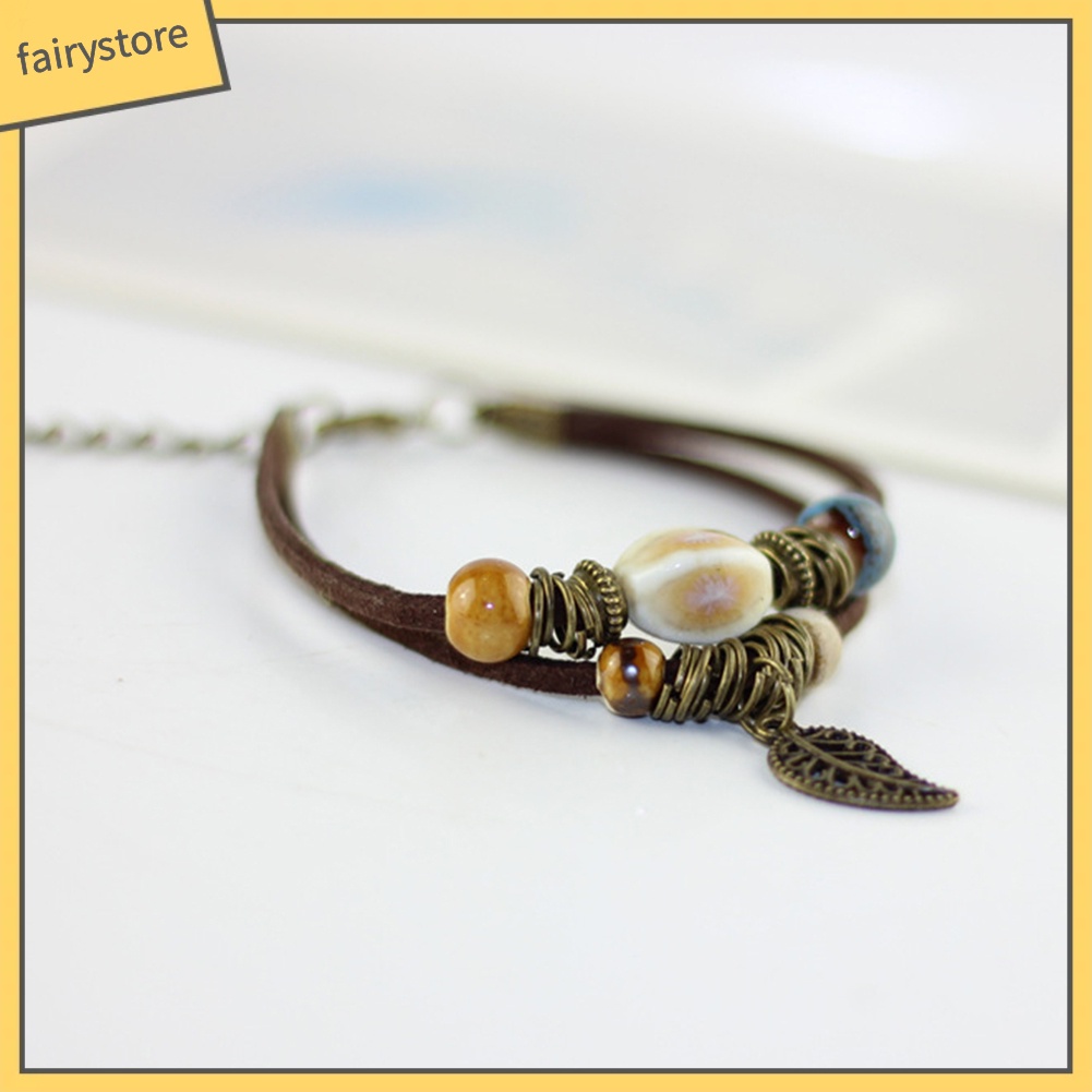 Vòng Tay Da Giả Hai Lớp Đính Hạt Và Lá Sứ Phong Cách Bohemian Fairy1 [Fairy1] Cho Nữ