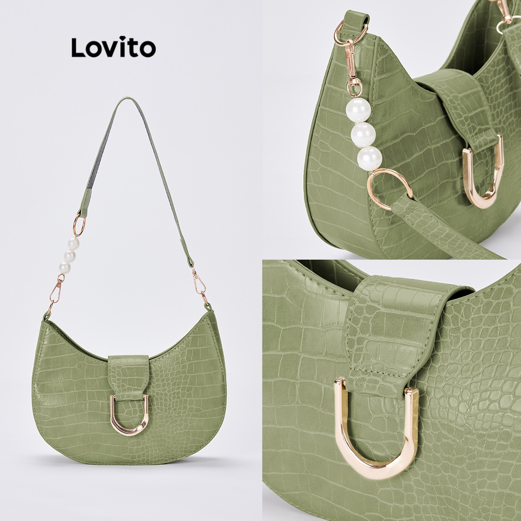 Lovito Túi Hobo Crocodile có họa tiết da kim loại vòng ngọc trai nhân tạo khóa