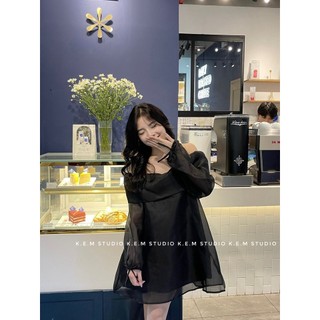 Đầm trễ vai nữ nơ gài tay nơ dài tay voan kính