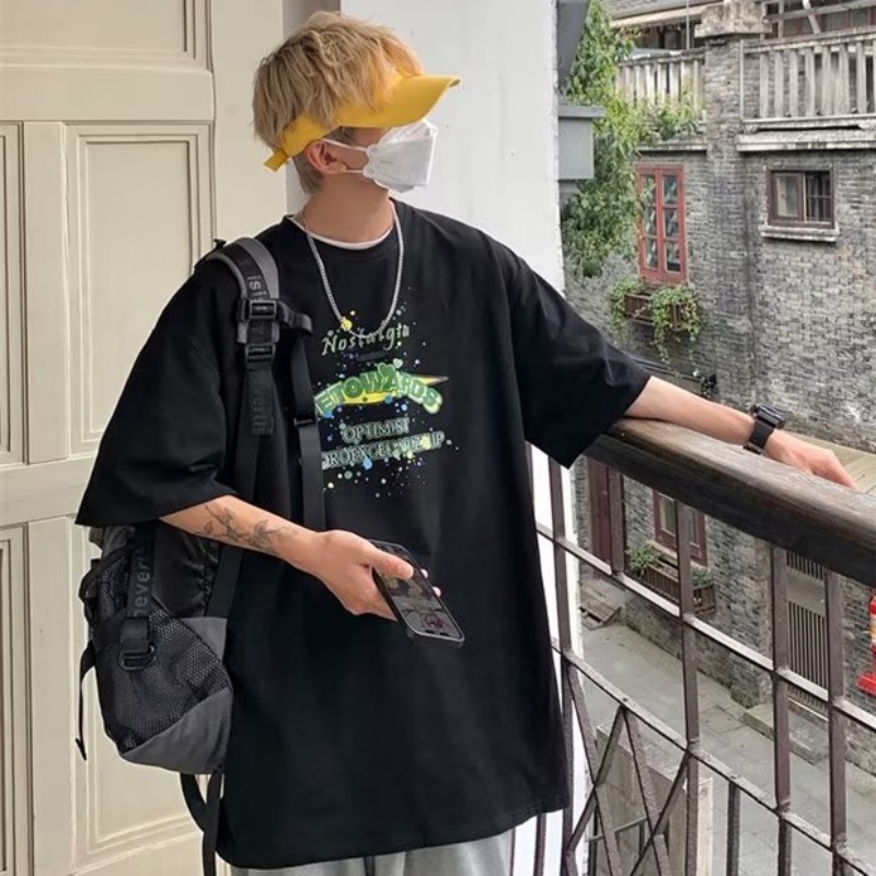 Áo Thun Tay Ngắn Cổ Tròn In Chữ Phong Cách hip hop Đường Phố Hàn Quốc Cho Nam Cỡ M-5XL